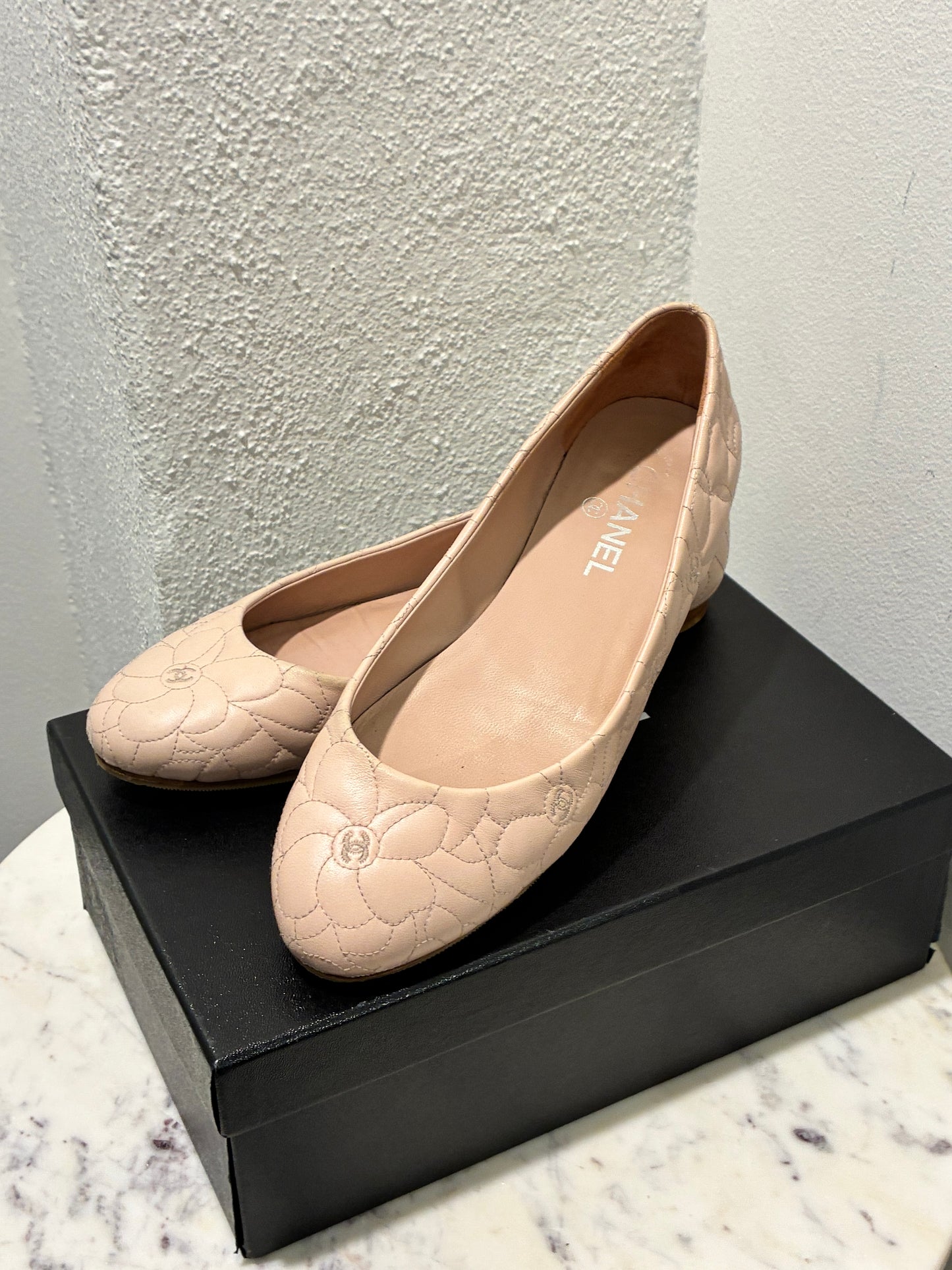 Chanel Ballerina Flats – Blush Leather with Camelia Print & Logos – EU 40.5