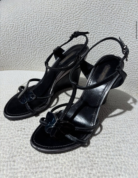 Louis Vuitton Wedge Sandals - Black Leather with Butterfly Detail - EU 40