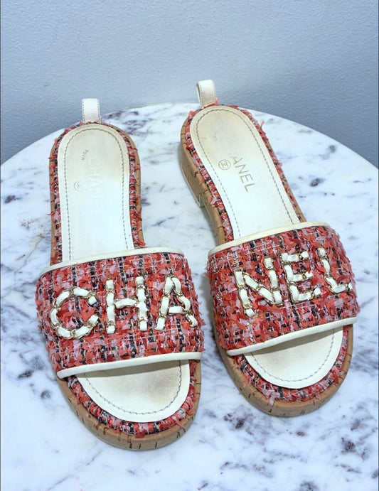 Chanel Tweed Mules – Pink with Chain Logo text – EU 40
