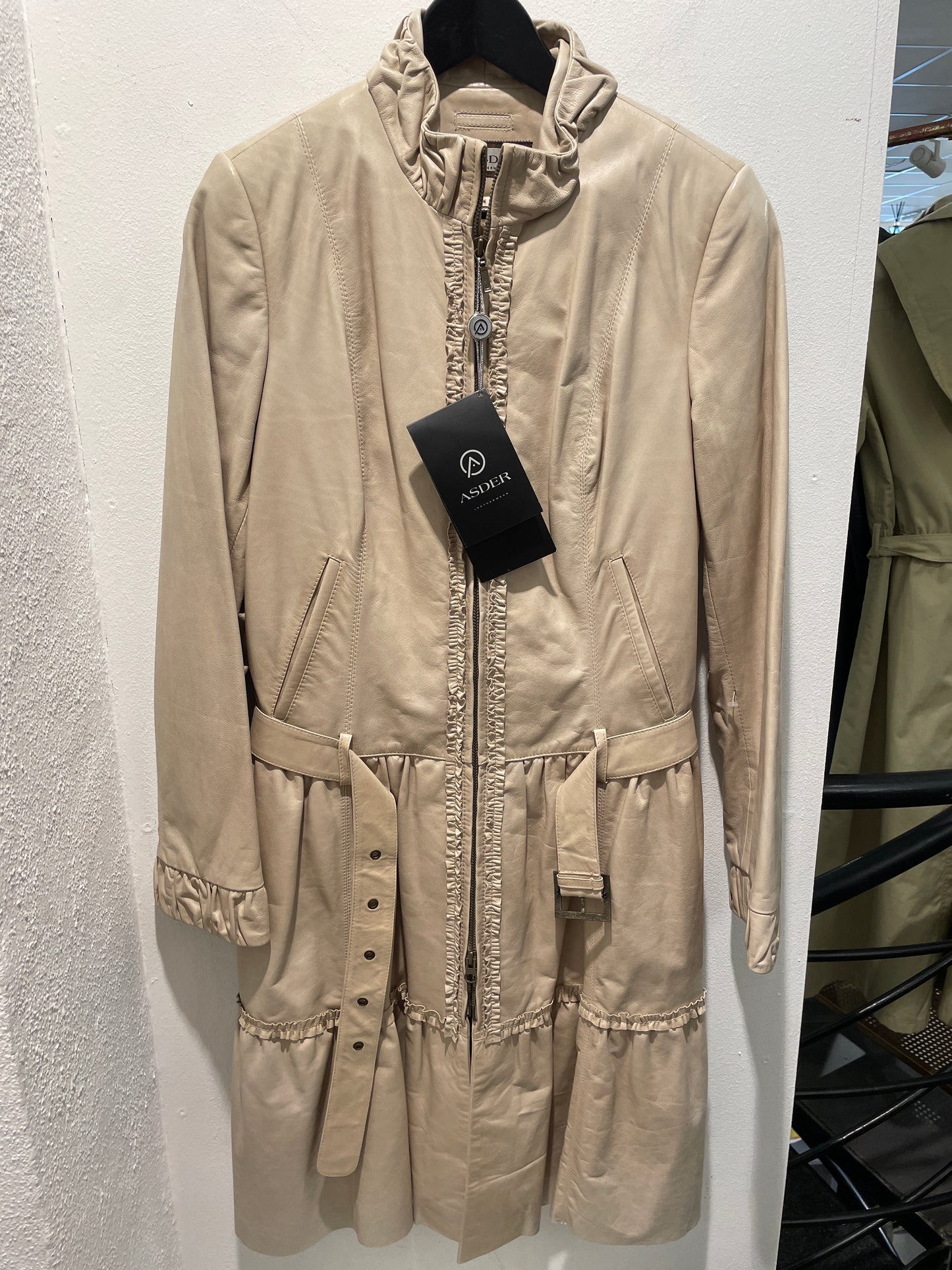 Brand New Beige Soft Leather Ruffled Trench Coat - M