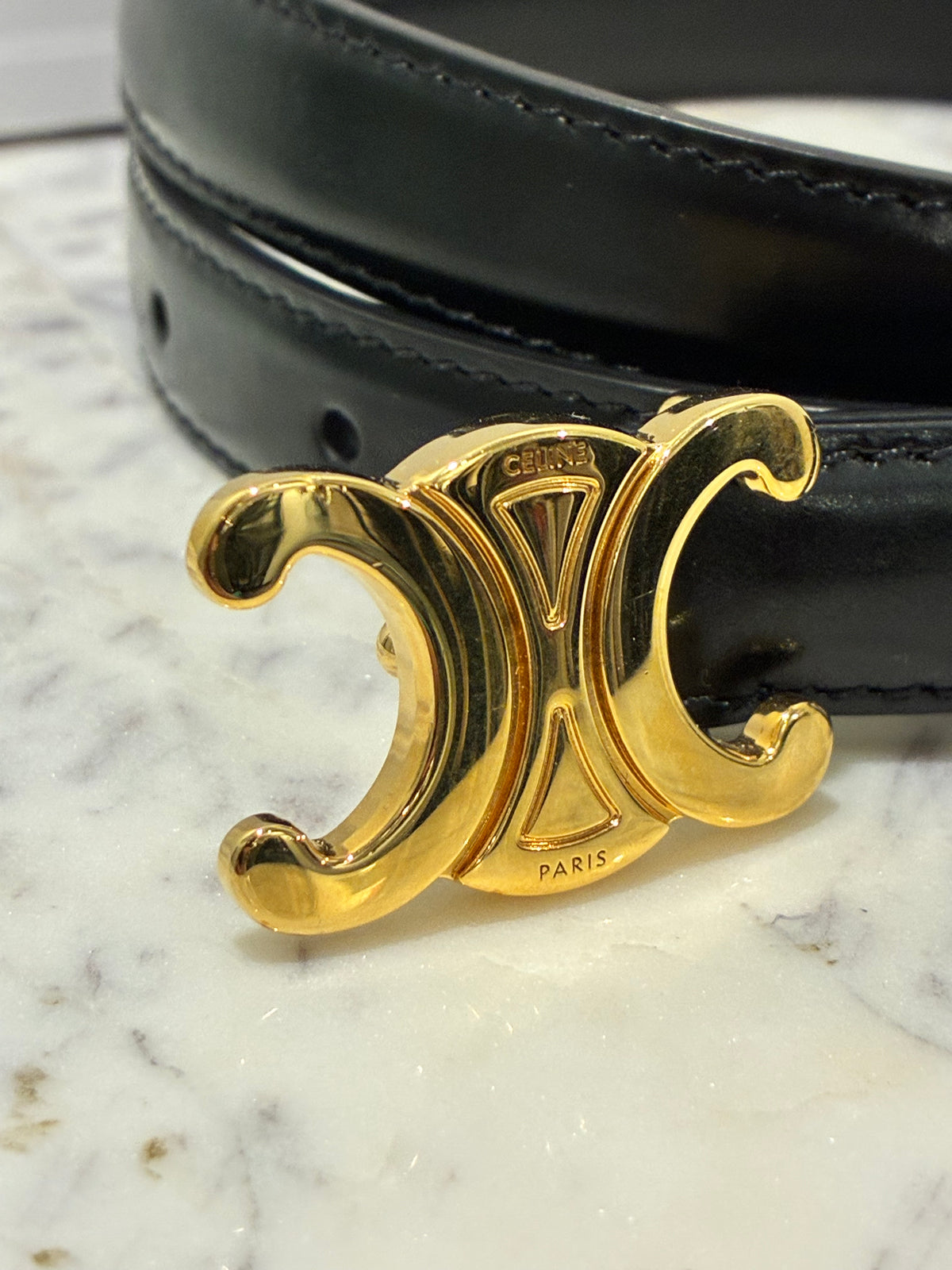 Celine Belt – Triomphe Belt - Black Leather & Gold Hardware - Size 80