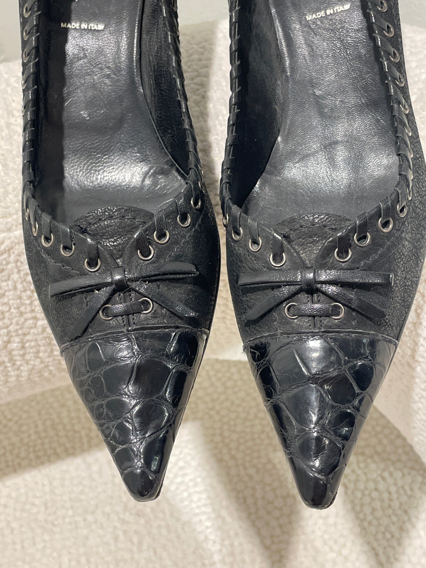 Prada Heels – Black Leather w. croco toe - 37,5