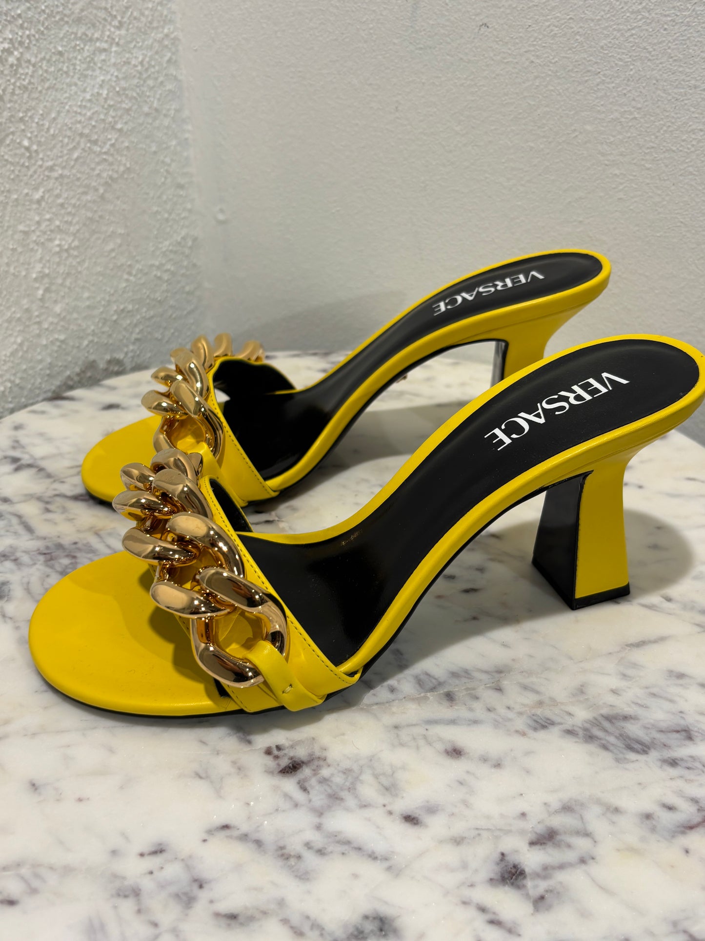 Versace Heeled Sandals - Yellow With Gold Chain - Size 40