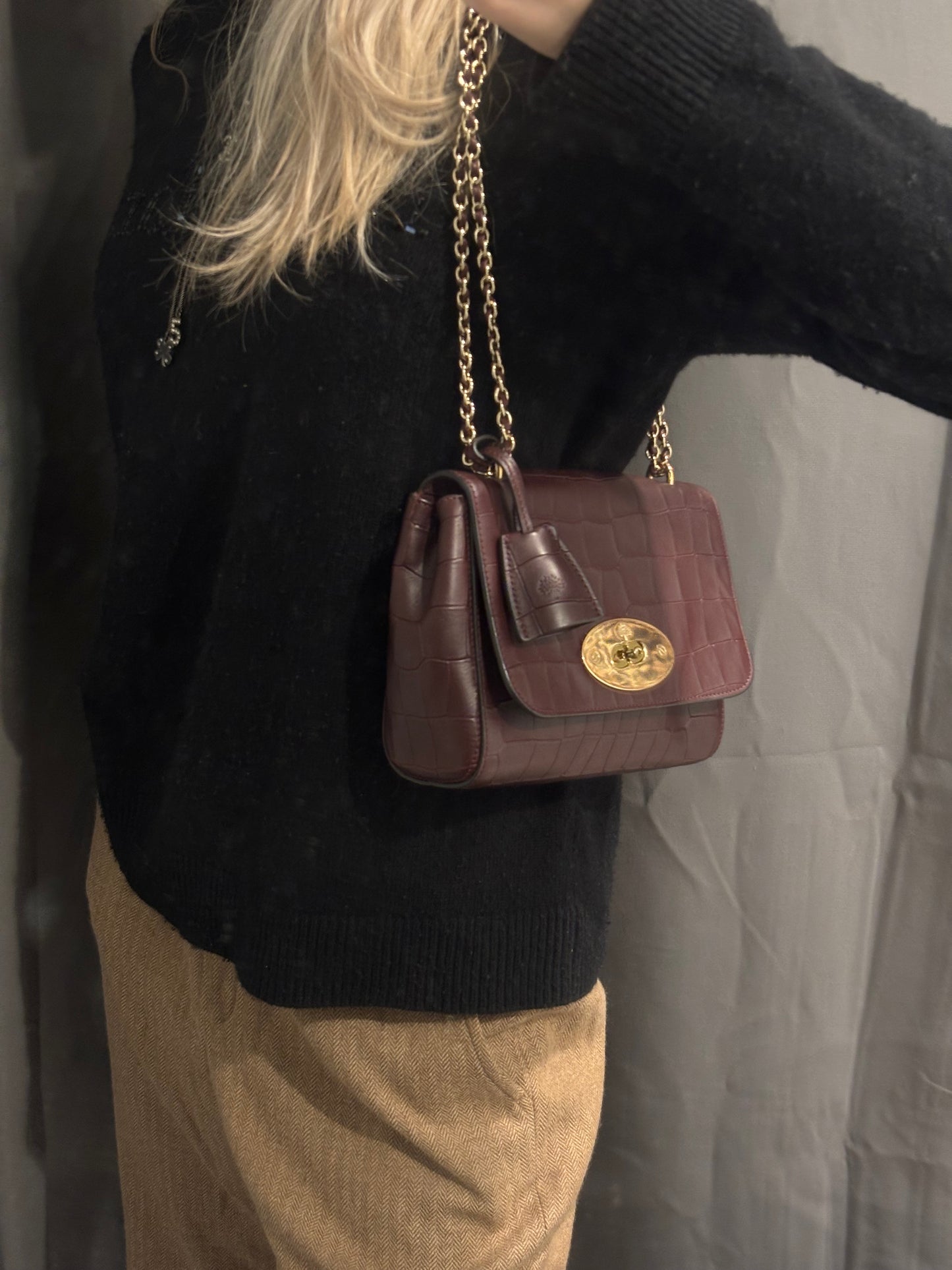 Mulberry Lily bag - Burgundy Crocodile-embossed leather & Gold Hardware
