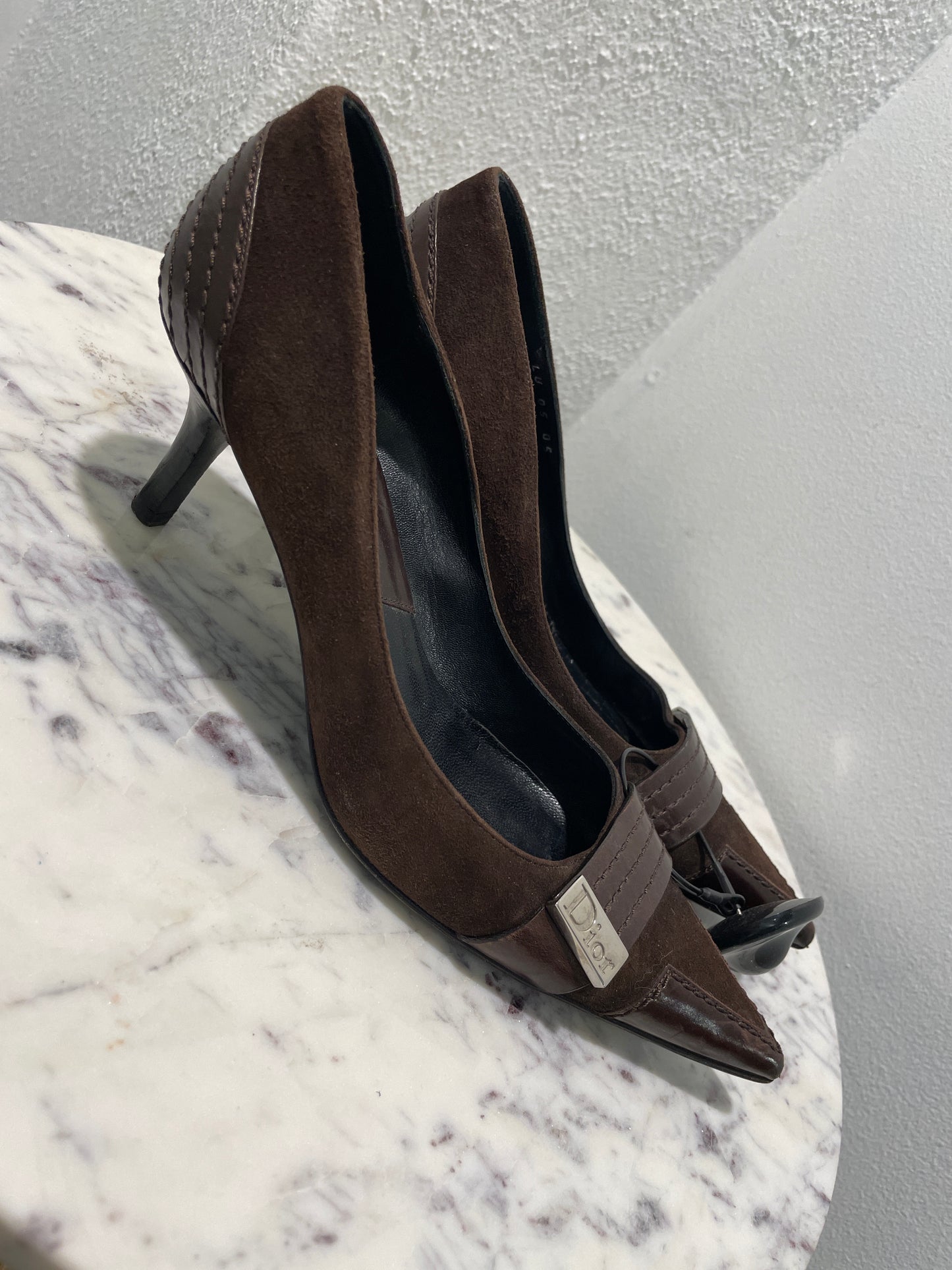 Christian Dior Vintage Dark Brown Suede & Leather Pointed-Toe Pumps - 37