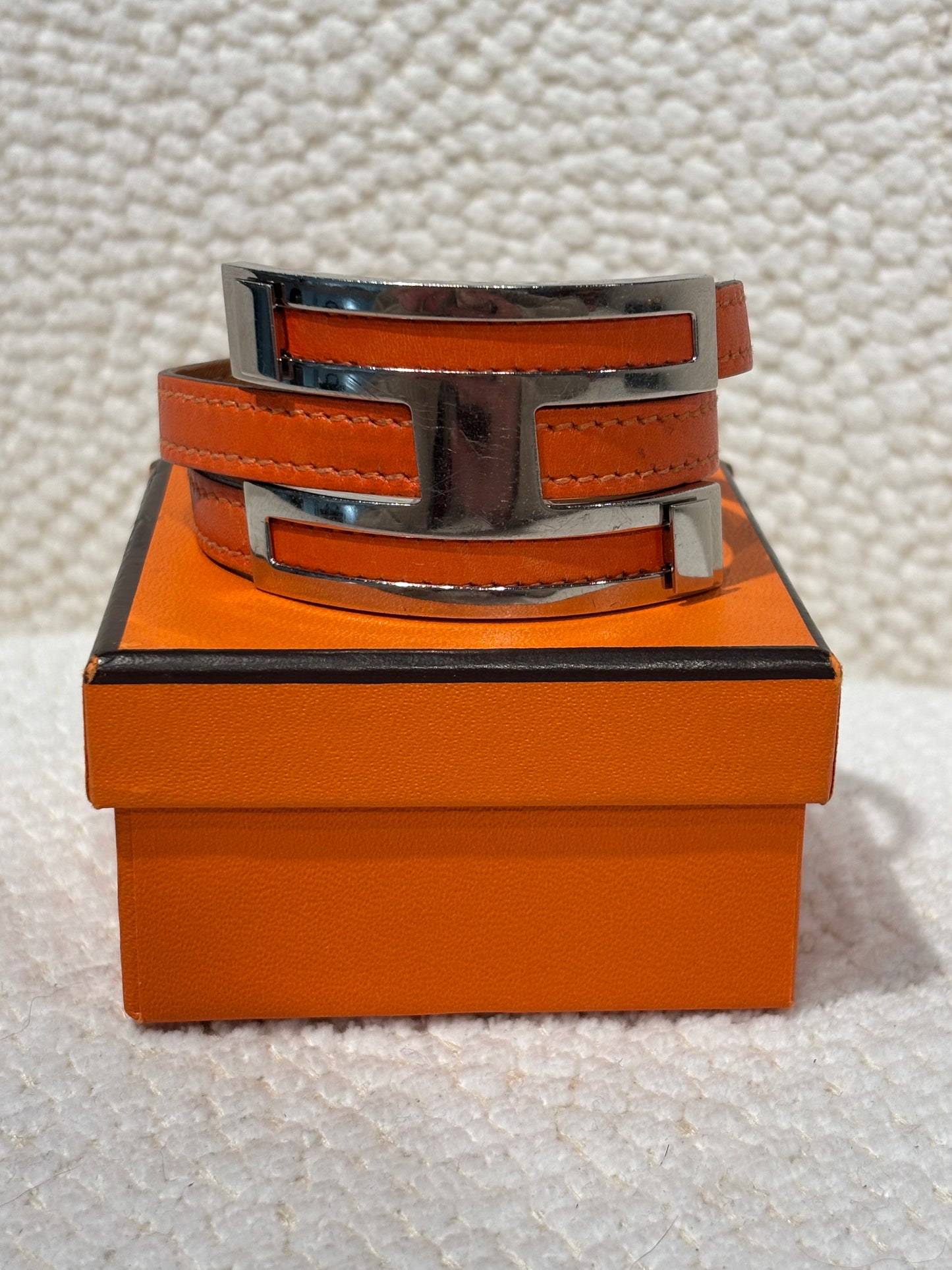 Hermés Bracelet - Orange Leather & H Lock in Silver