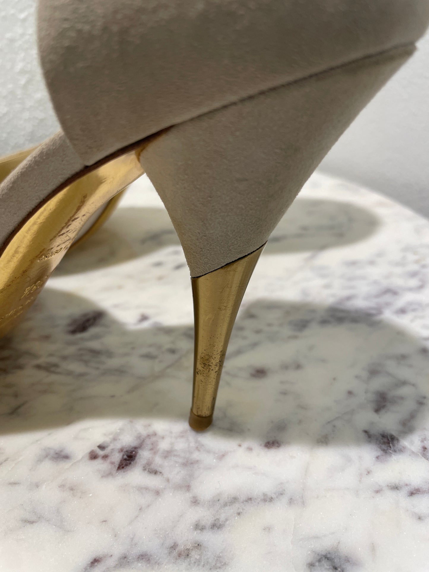 Vintage Miu Miu Beige Suede Peep-Toe Pumps with Gold Heels - 39