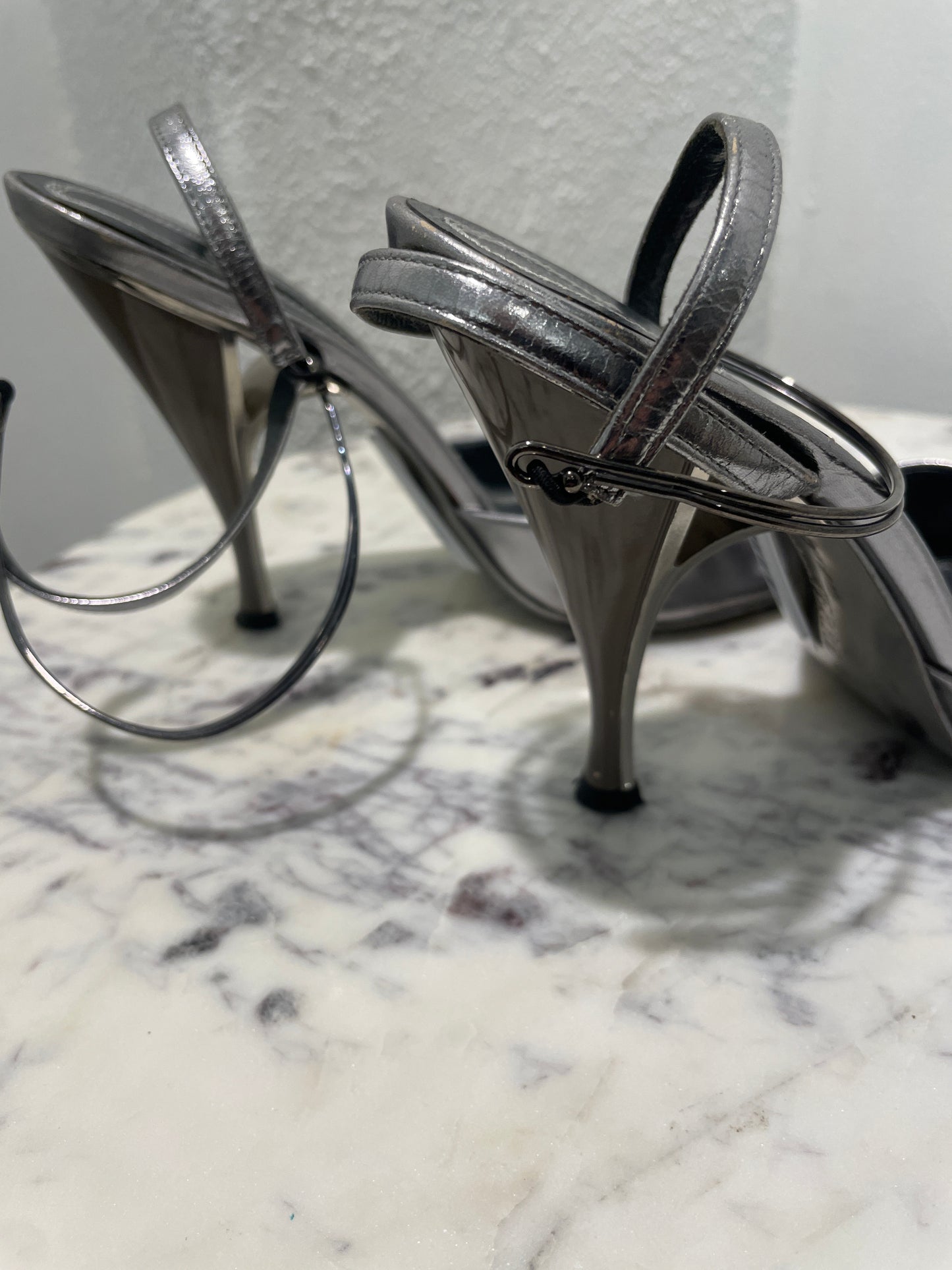Gianfranco Ferré Metallic Silver Strappy Sandals with Sculpted Cone Heel – 36