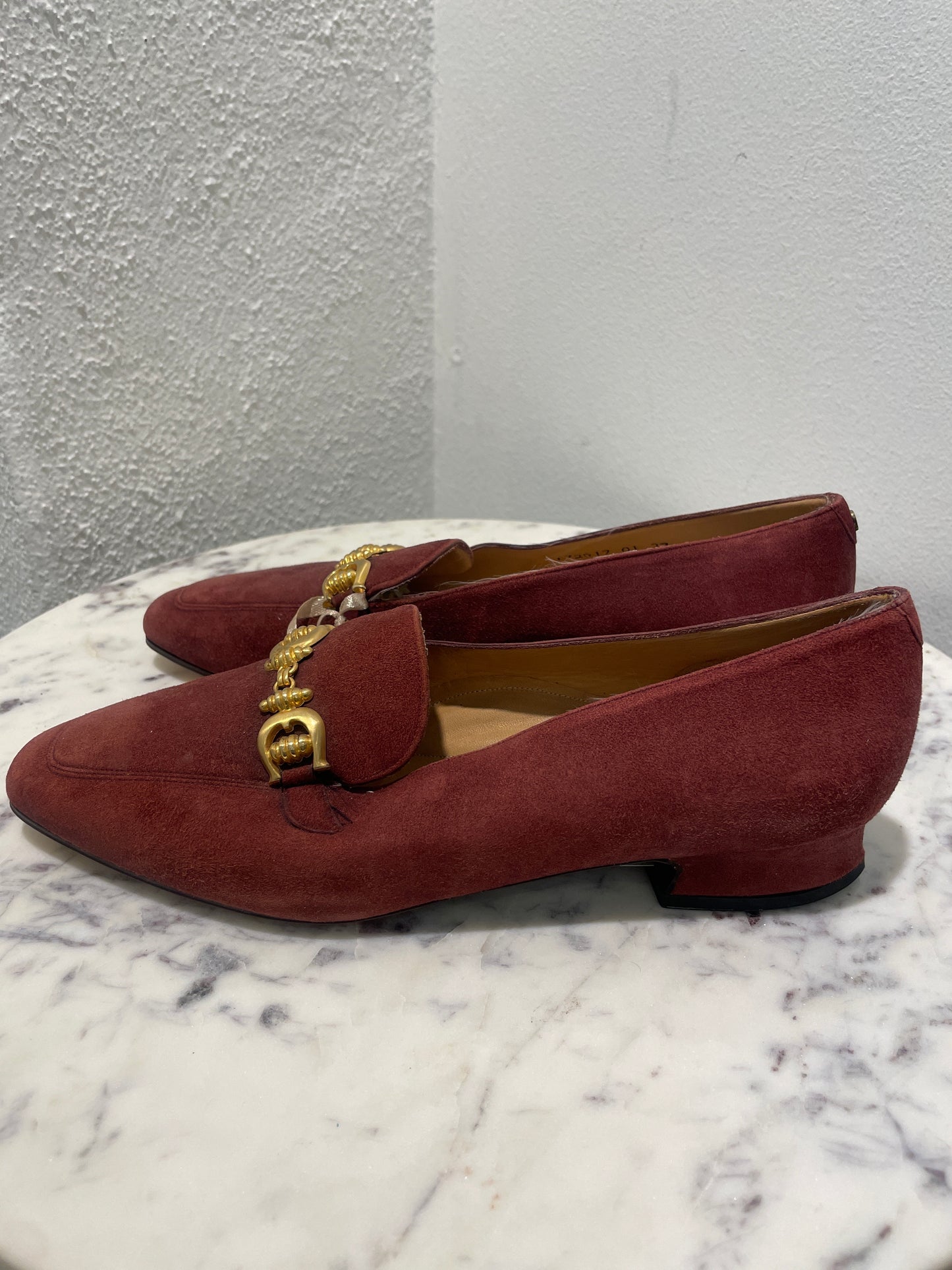 Etienne Aigner Burgundy Suede Loafers with Gold Horsebit – Like-New Condition - 37