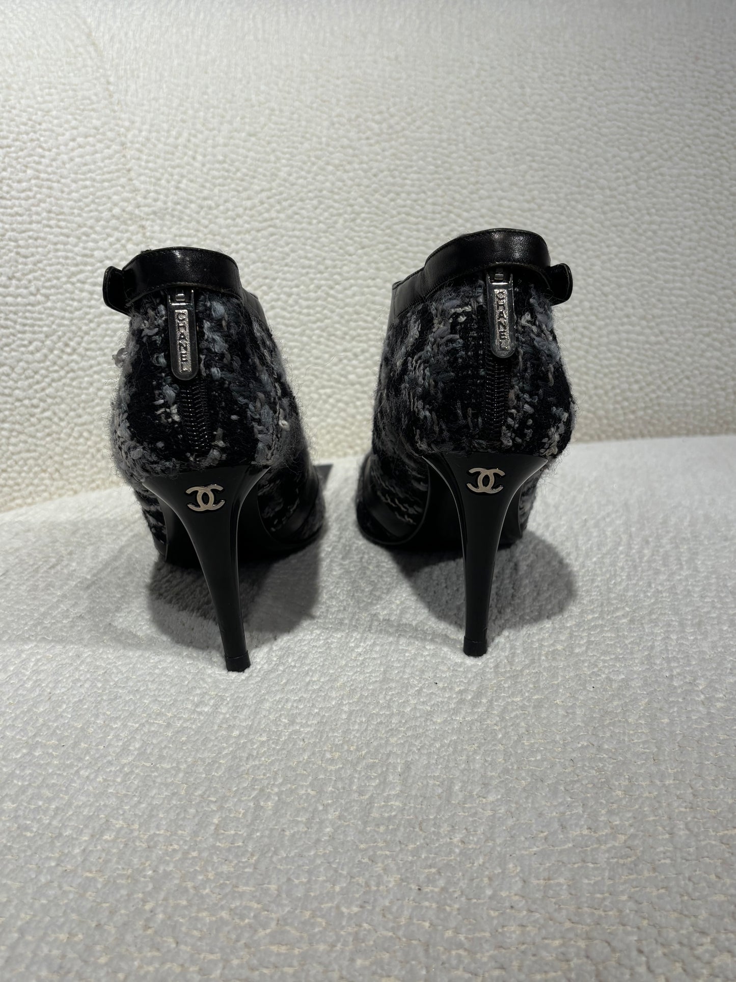 Chanel Ankle Boots – Lambskin & Camelia Bouclé in Black & Grey Mix - EU 38