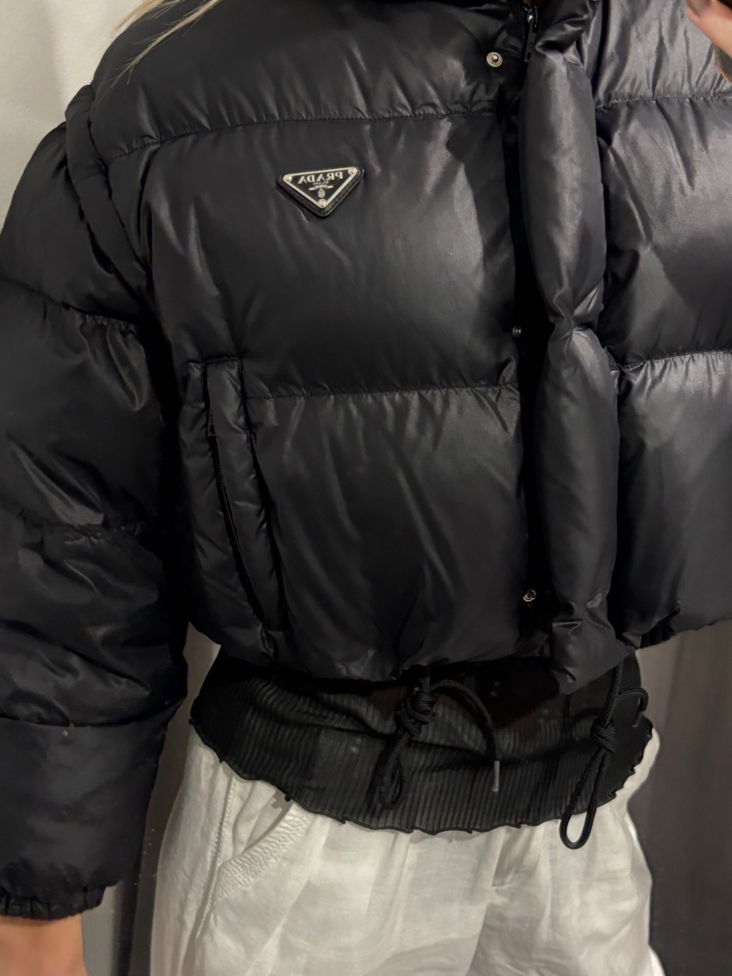 Prada Cropped Puffer Jacket - Black with Silver Logo