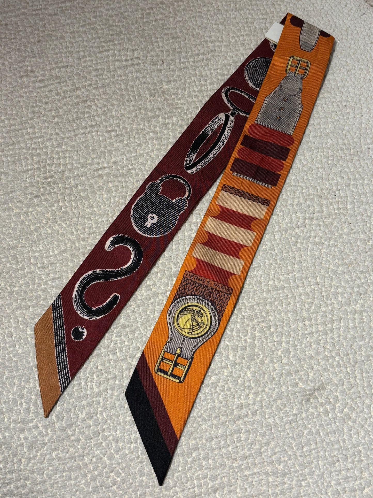 Hermés Silk Twilly - Burgundy & Orange with Horse Motif