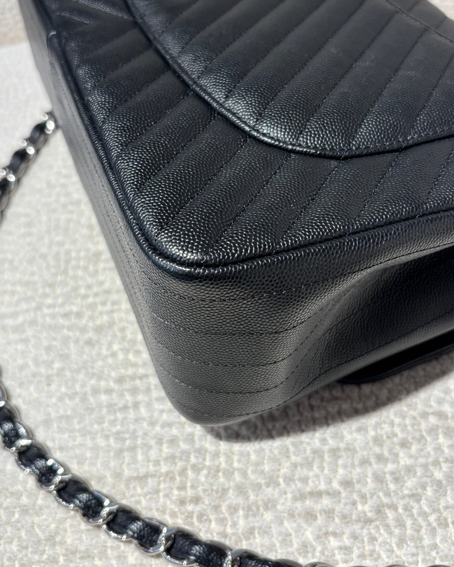 Chanel Classic Flap Bag Chevron - Jumbo - Black Caviar & Silver Hardware