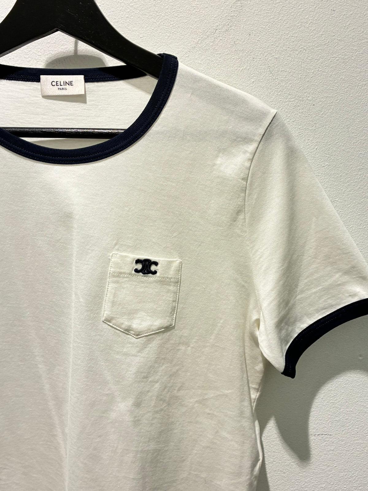 Celine Logo Tee - White & Navy - Size S/M