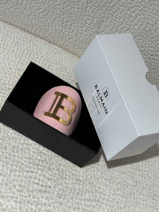 Balmain Hair Clip - Pink Leather & 18 Carat Gold Logo