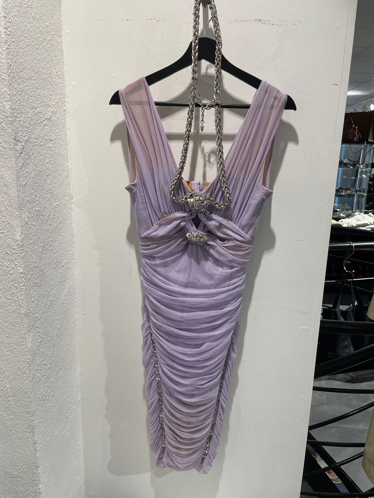 Versace - Ruched Chiffon Medusa Dress - lavender - S - Medinas Wardrobe
