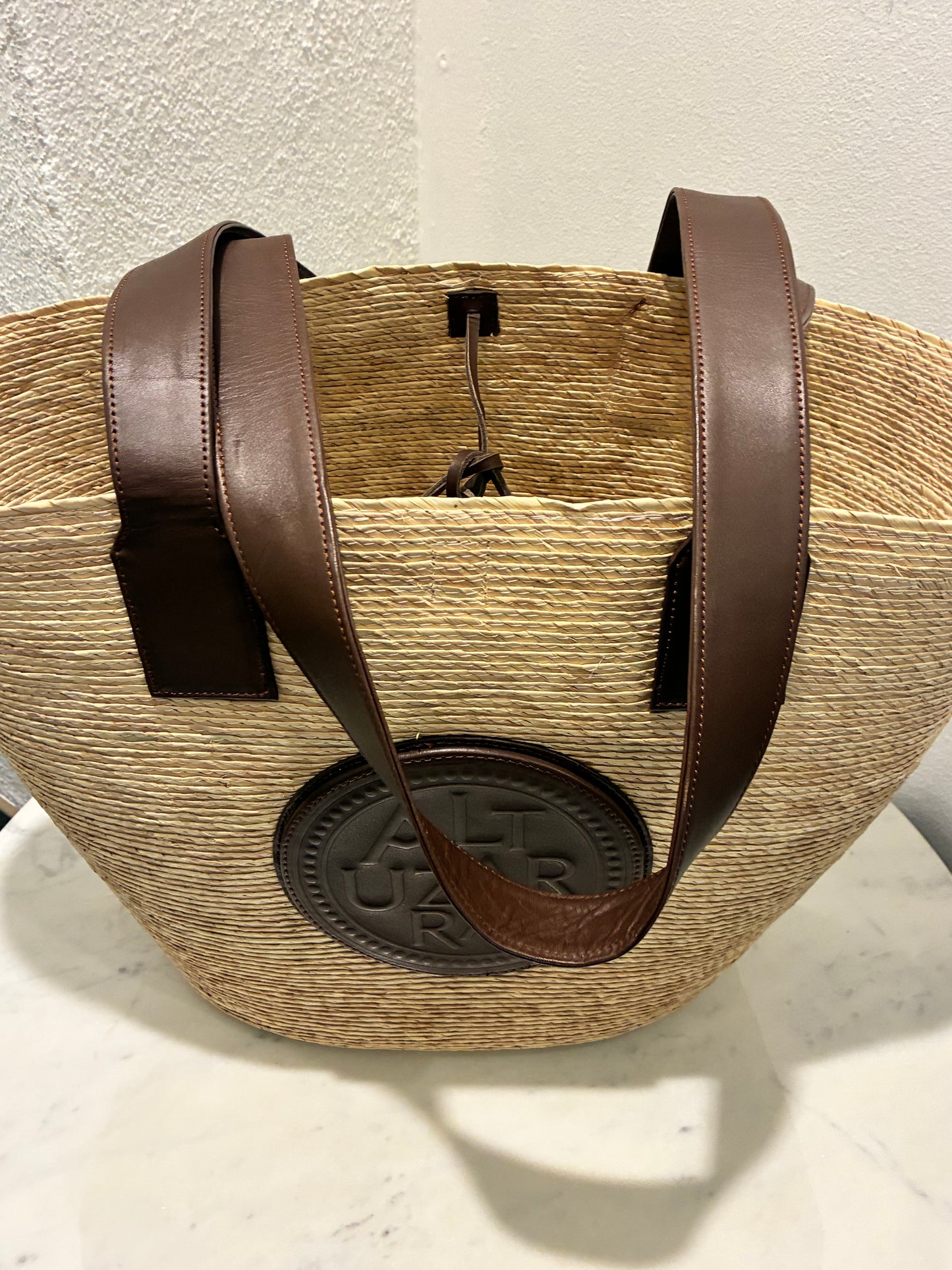 Altuzarra Raffia Tote – Raffia with Brown Logo Text