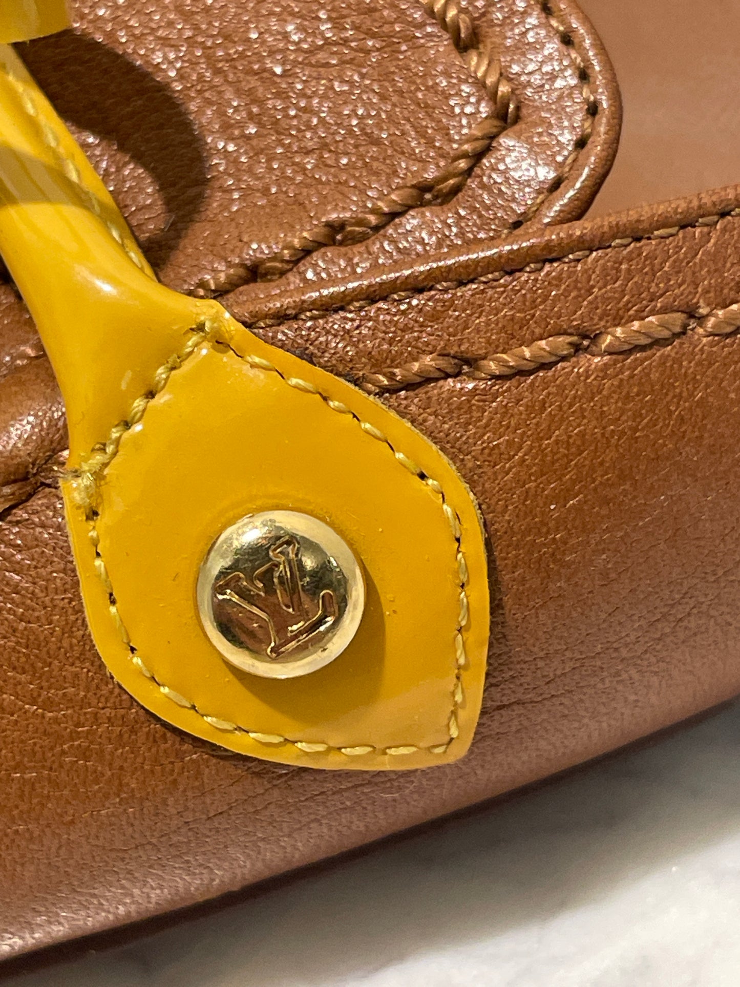 Louis Vuitton Tan Leather Pointed-Toe Slingback Heels with Yellow Tassel Bow - 37