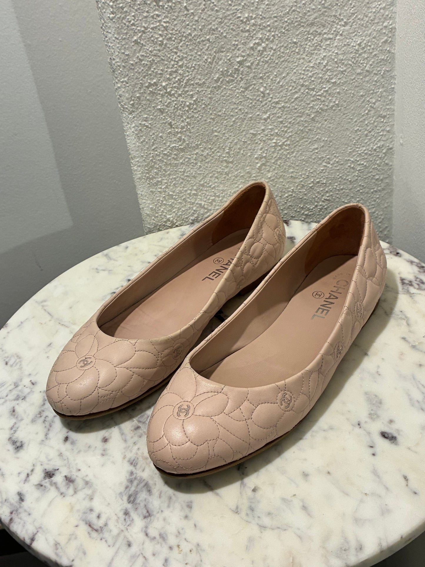 Chanel Ballerina Flats – Blush Leather with Camelia Print & Logos – EU 40.5
