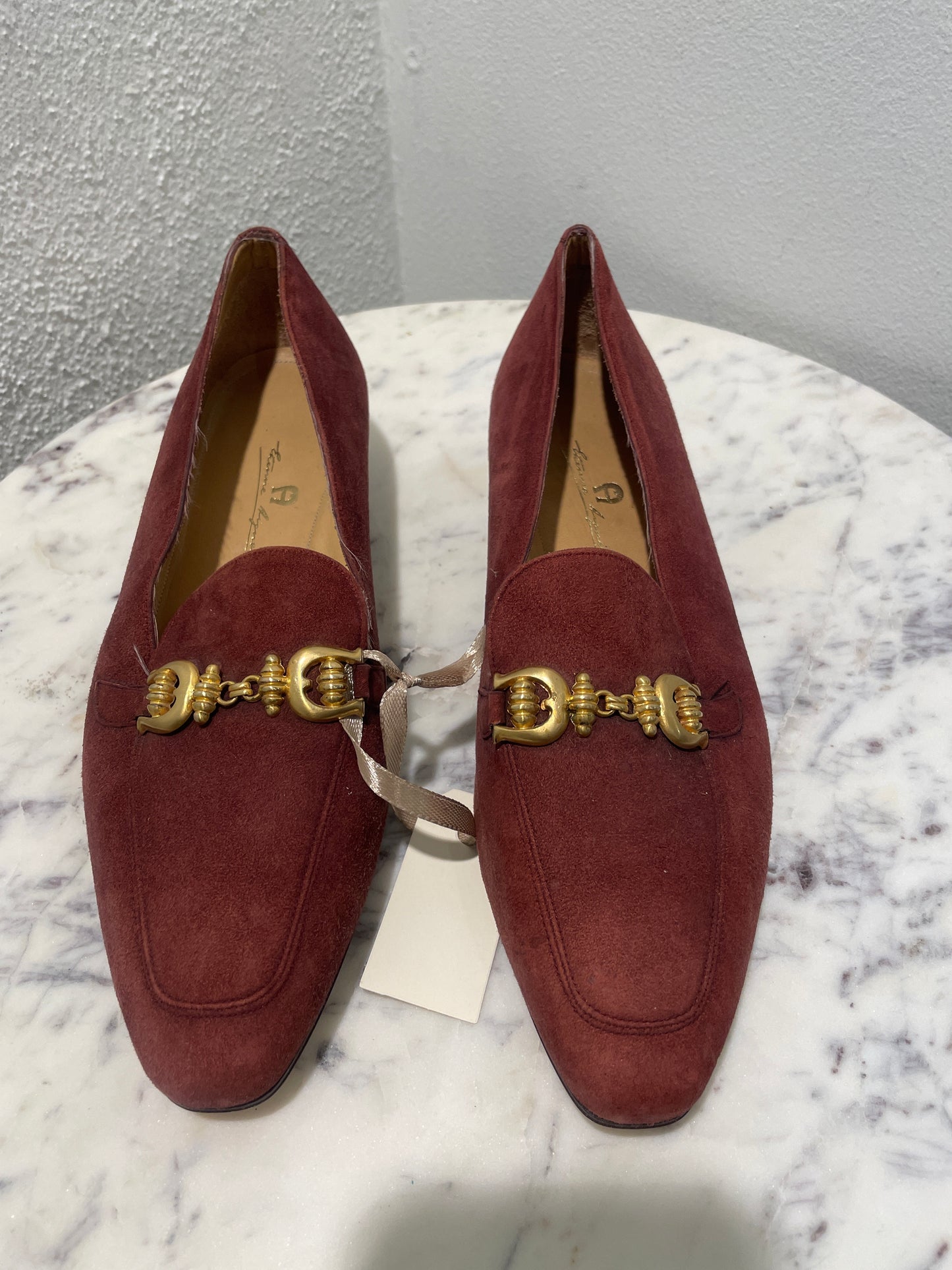 Etienne Aigner Burgundy Suede Loafers with Gold Horsebit – Like-New Condition - 37
