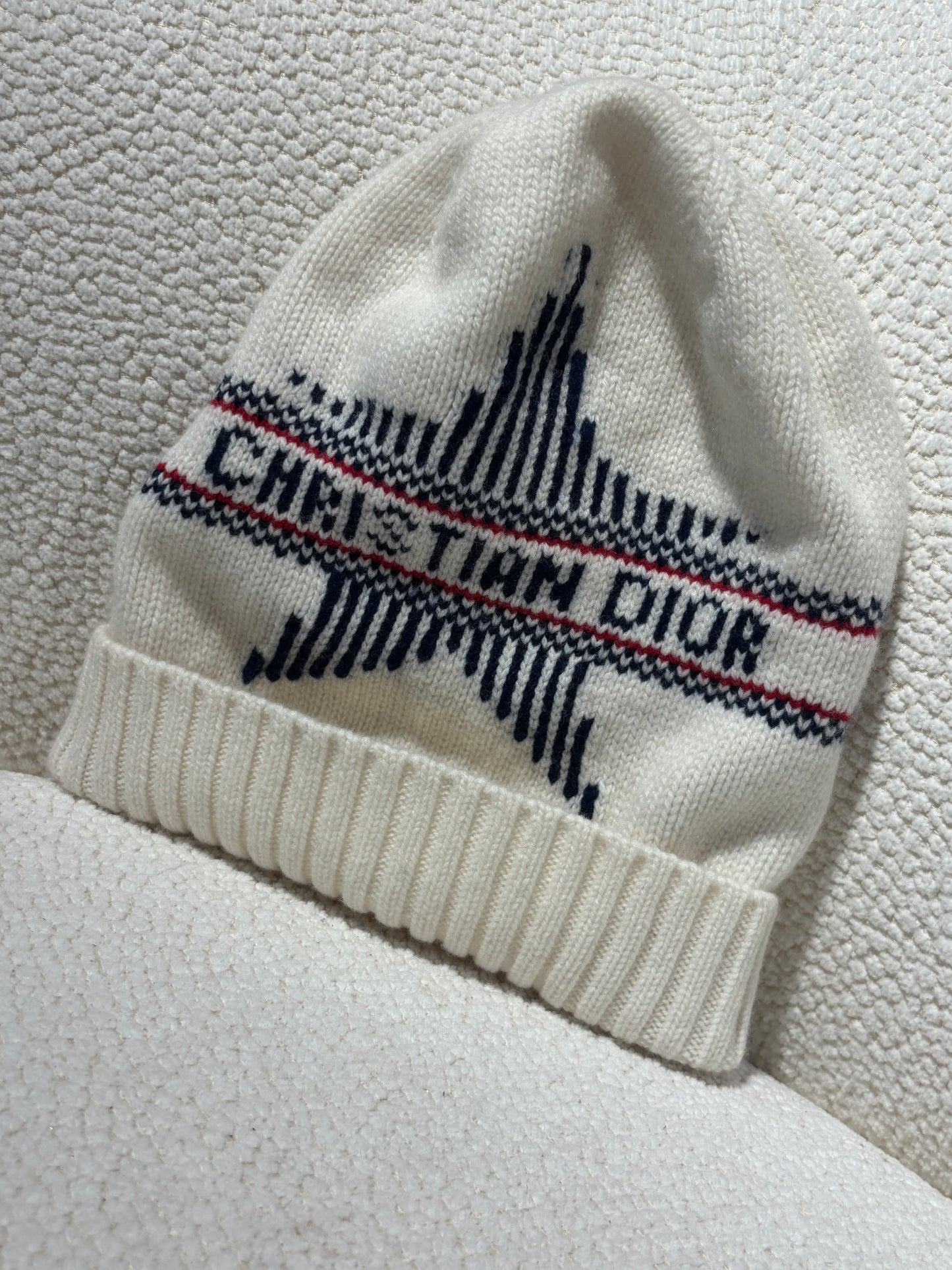 Christian Dior Beanie – Knit & Logo Details in White, Red & Blue