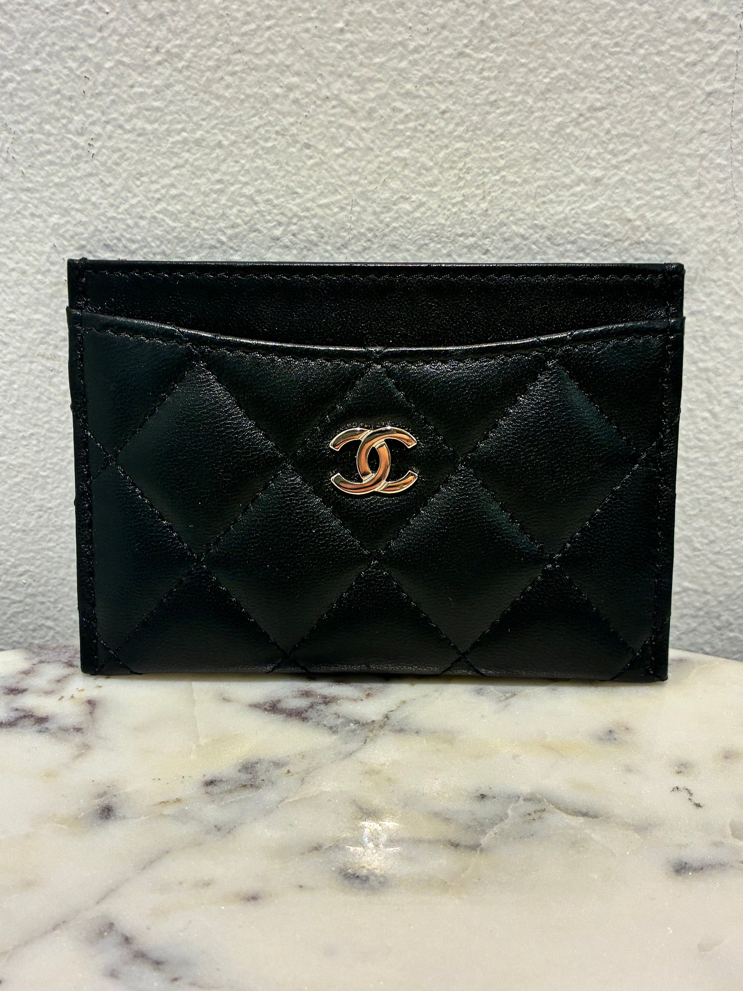 Chanel Cardholder - Black Lamsbkin & Silver Logo