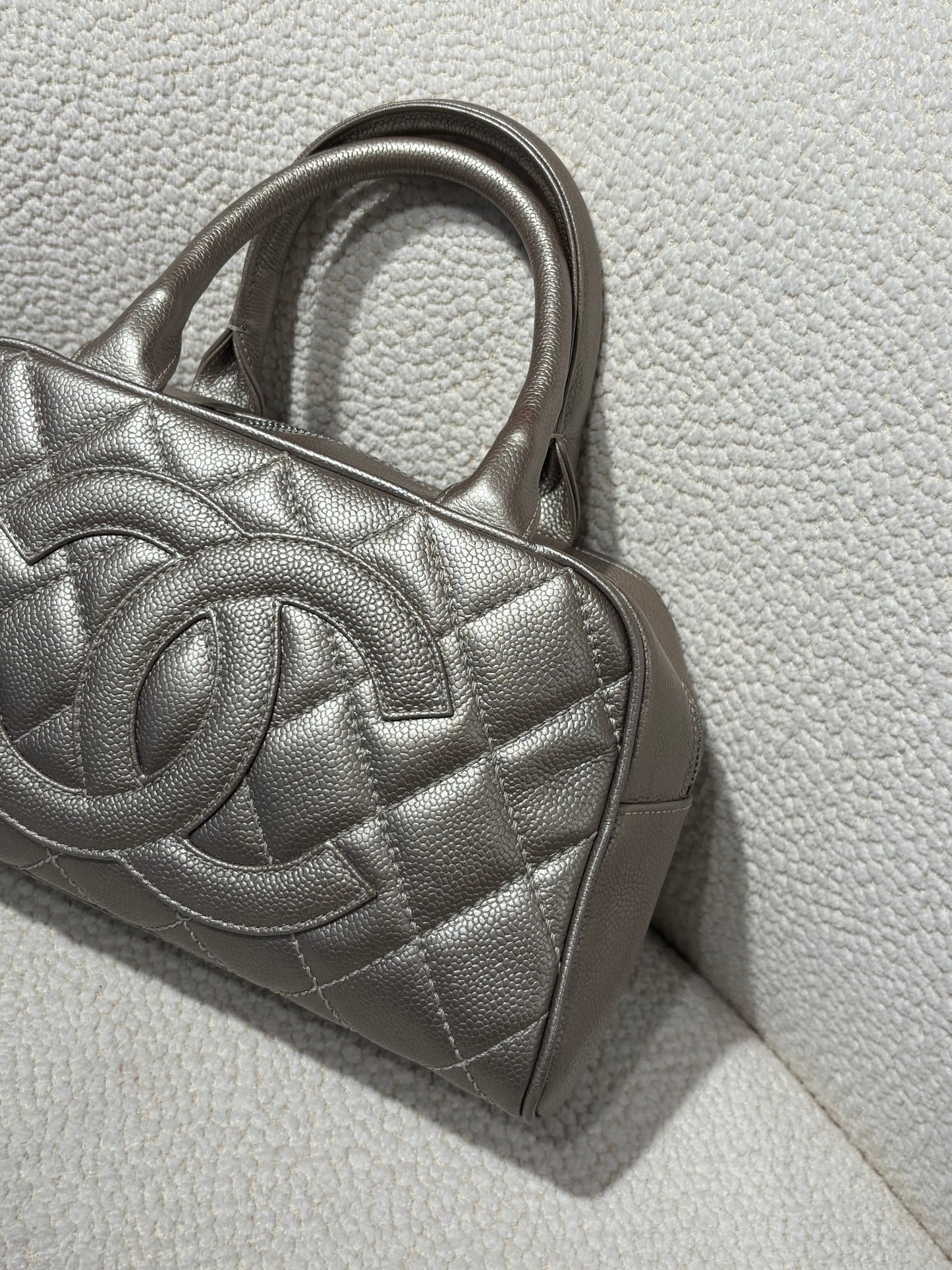 Chanel Boston Bag – Silver Caviar Leather & Silver Hardware