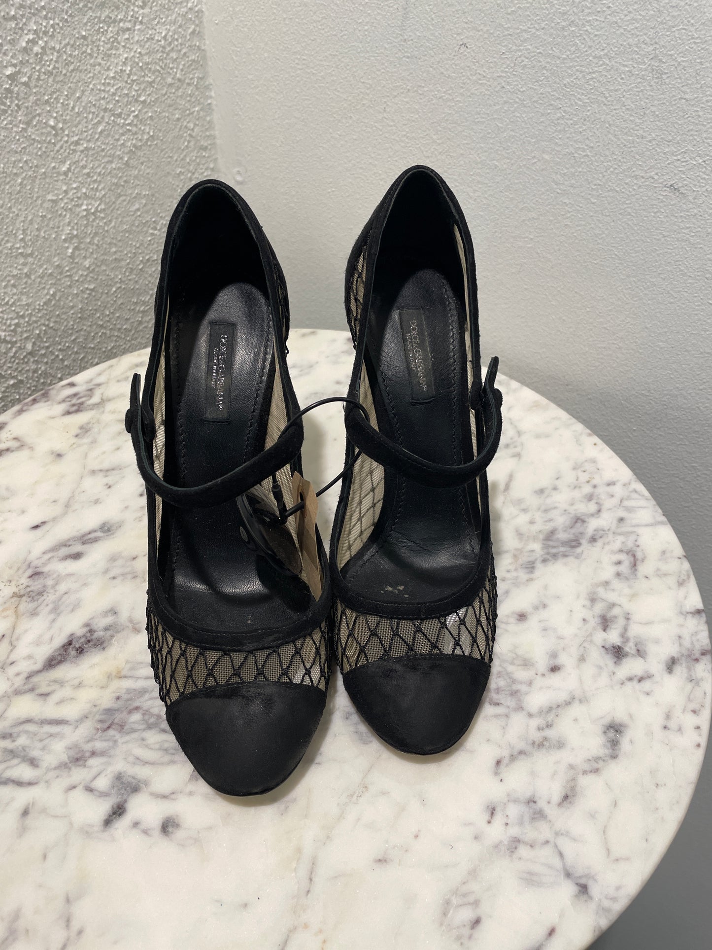 Dolce & Gabbana Black Suede & Telinha Mesh Mary-Jane Block Heels - 38