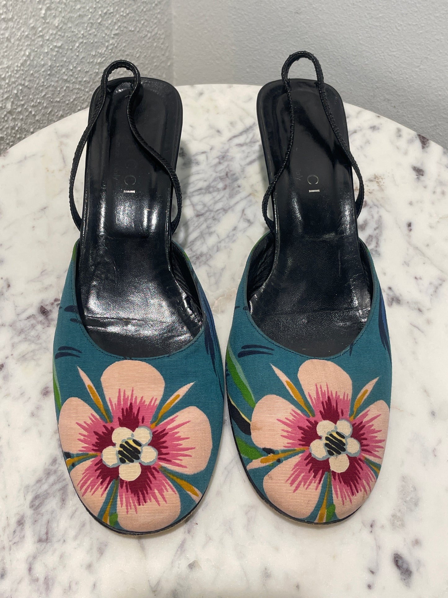 Gucci Vintage Floral Print Ribbed Slingback Mules - 38