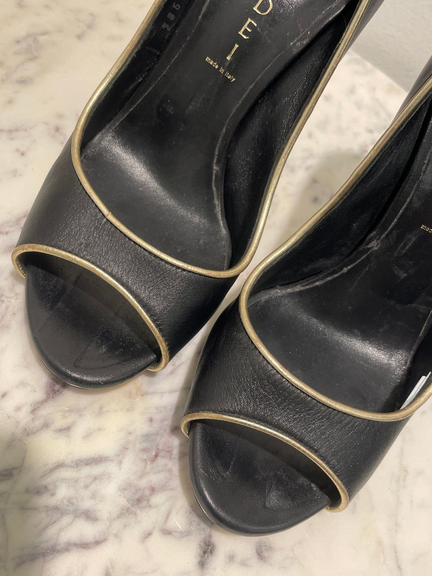 Casadei Black Leather 'Blade' Peep-Toe Pumps with Gold Trim & Heel - 37,5