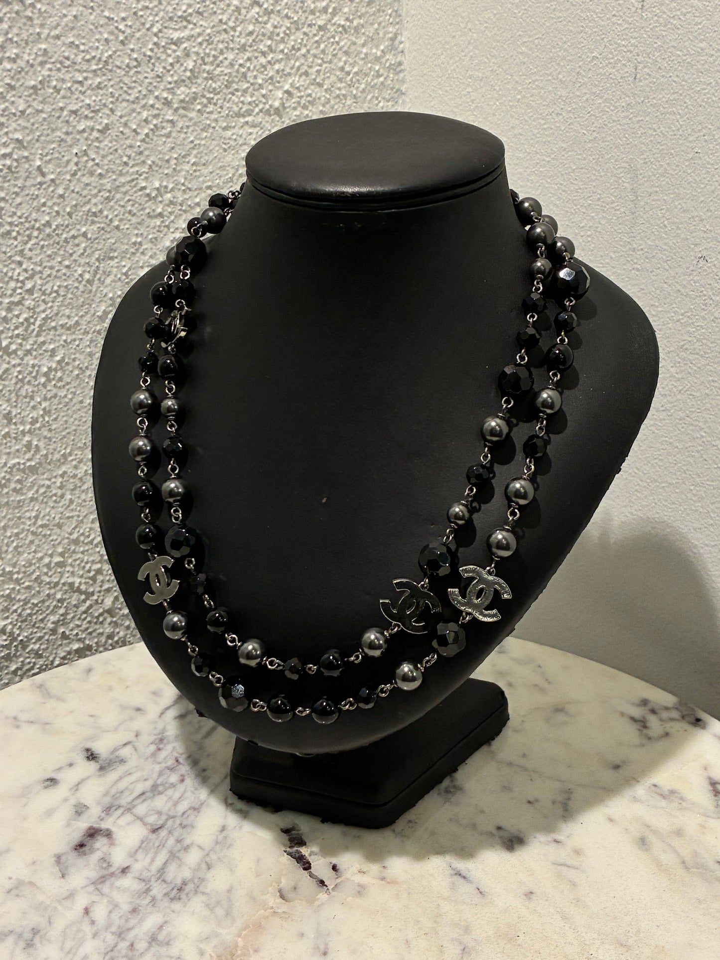 Chanel Beaded Necklace – Black Pearls & Oxidised Silver Logos