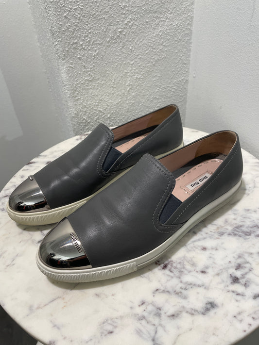 Authentic Miu Miu Grey Leather Metal Cap-Toe Slip-On Sneakers - 39
