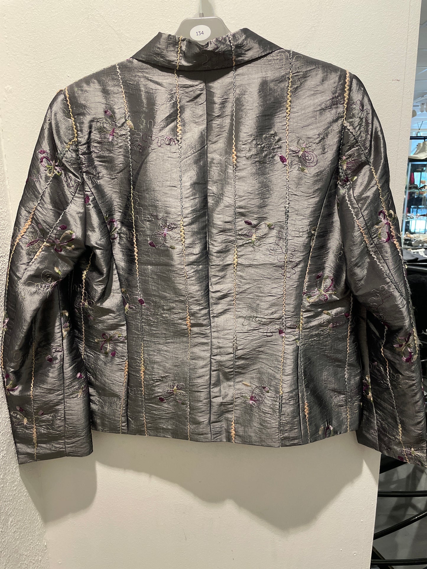 Vintage Lebek Embroidered Silk Blazer Jacket – Metallic Grey / Floral – Boxy fit - EU40