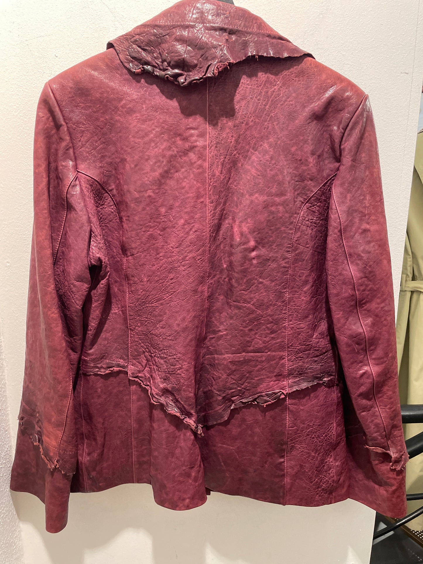 High-End Vintage-Look Distressed Burgundy Leather Blazer - XL