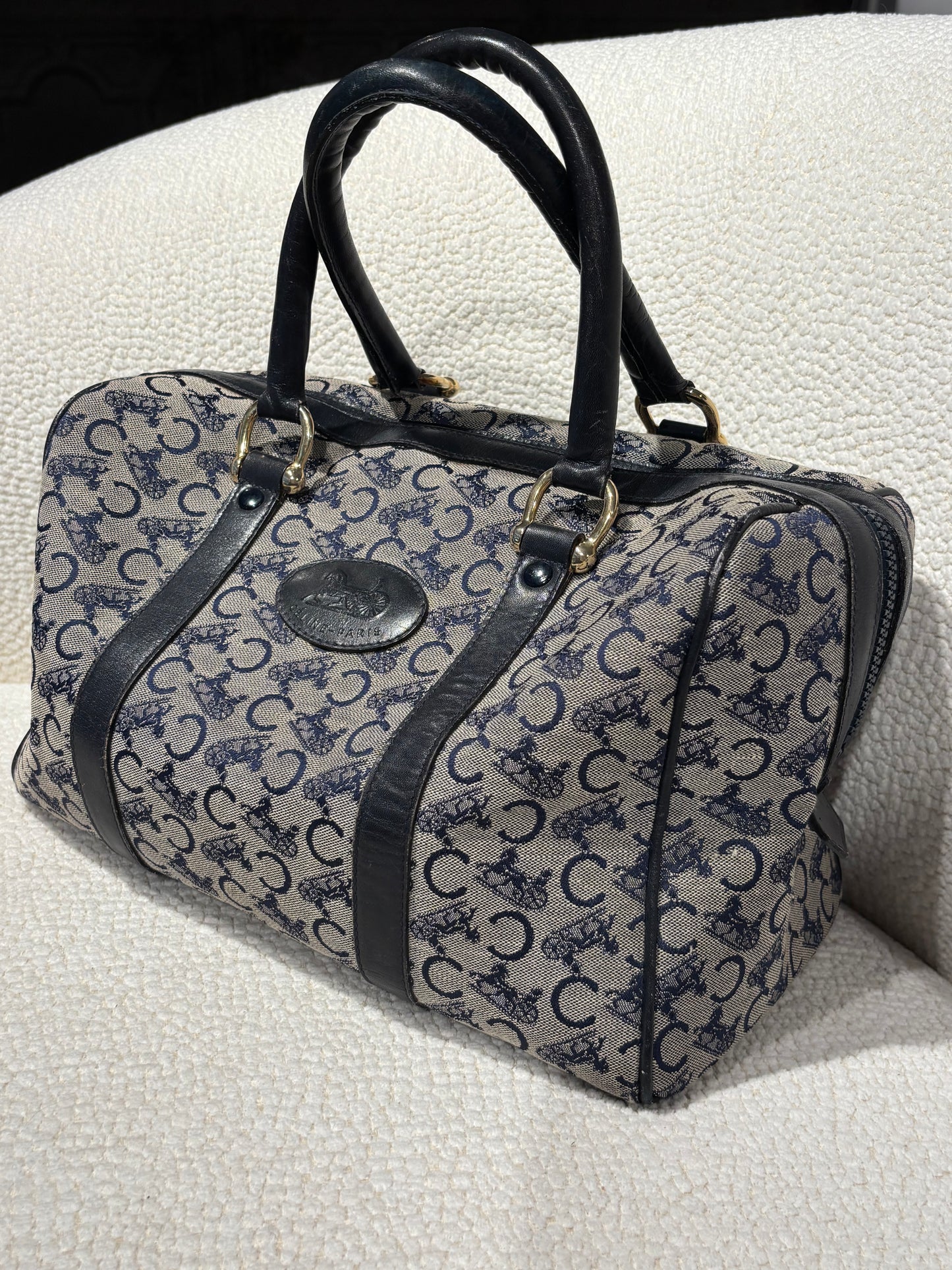 Celine Vintage Macadam Boston Bag – Grey & Navy Canvas & Leather