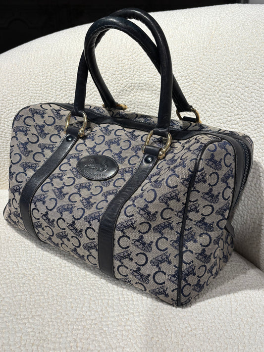 Celine Vintage Macadam Boston Bag – Grey & Navy Canvas & Leather