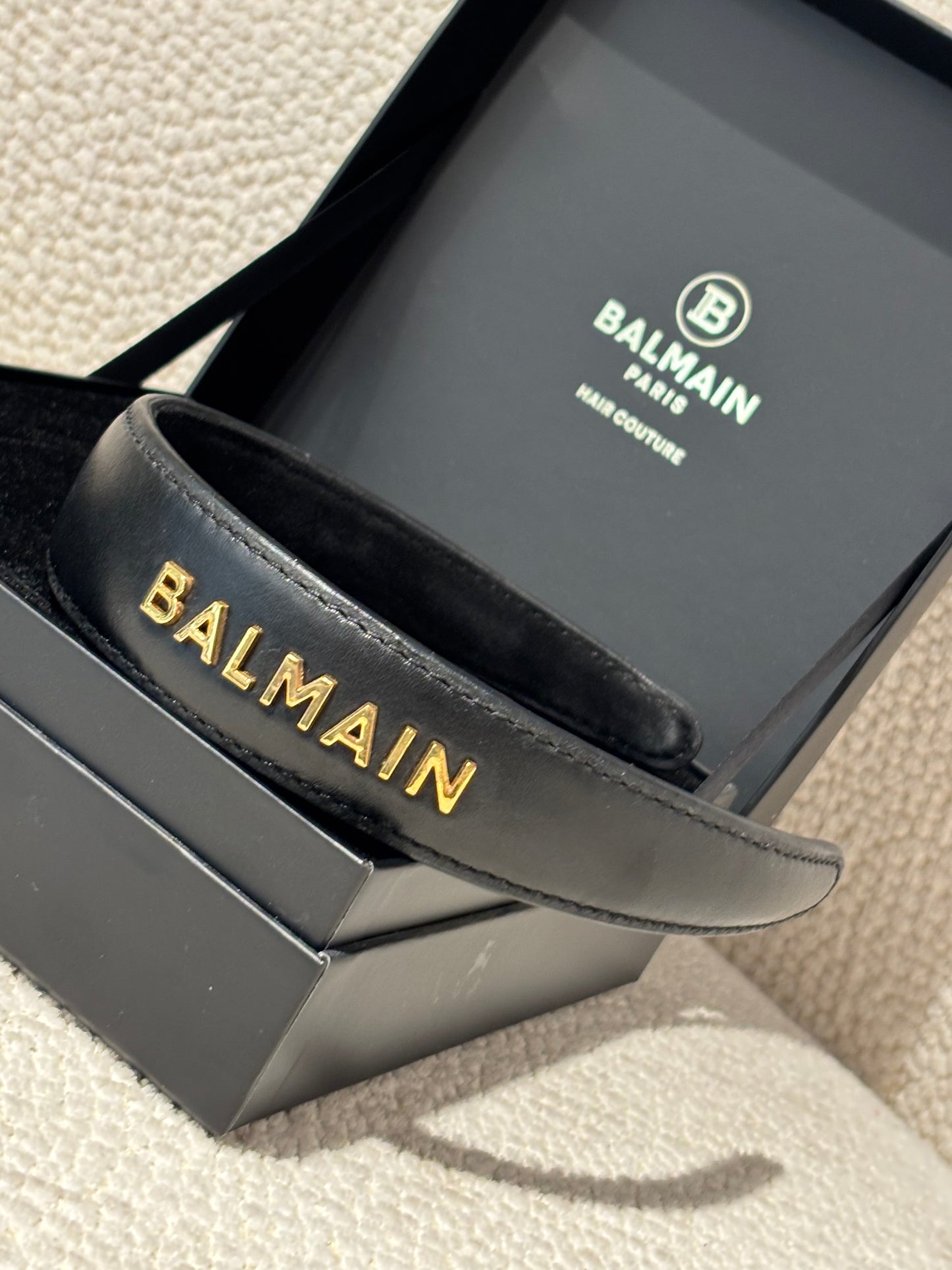Balmain Headband - Black Leather & 18 Carat Gold Logo