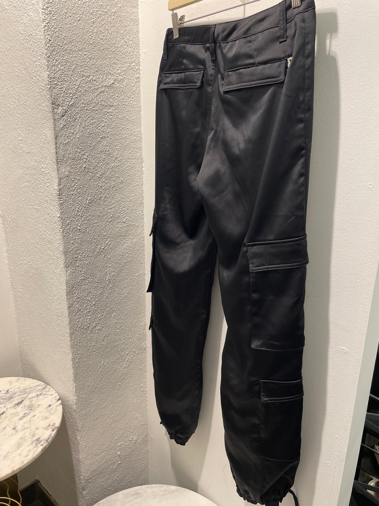 Dondup Satin Cargo Trousers with Adjustable Drawstring Hem – Black – Size W27