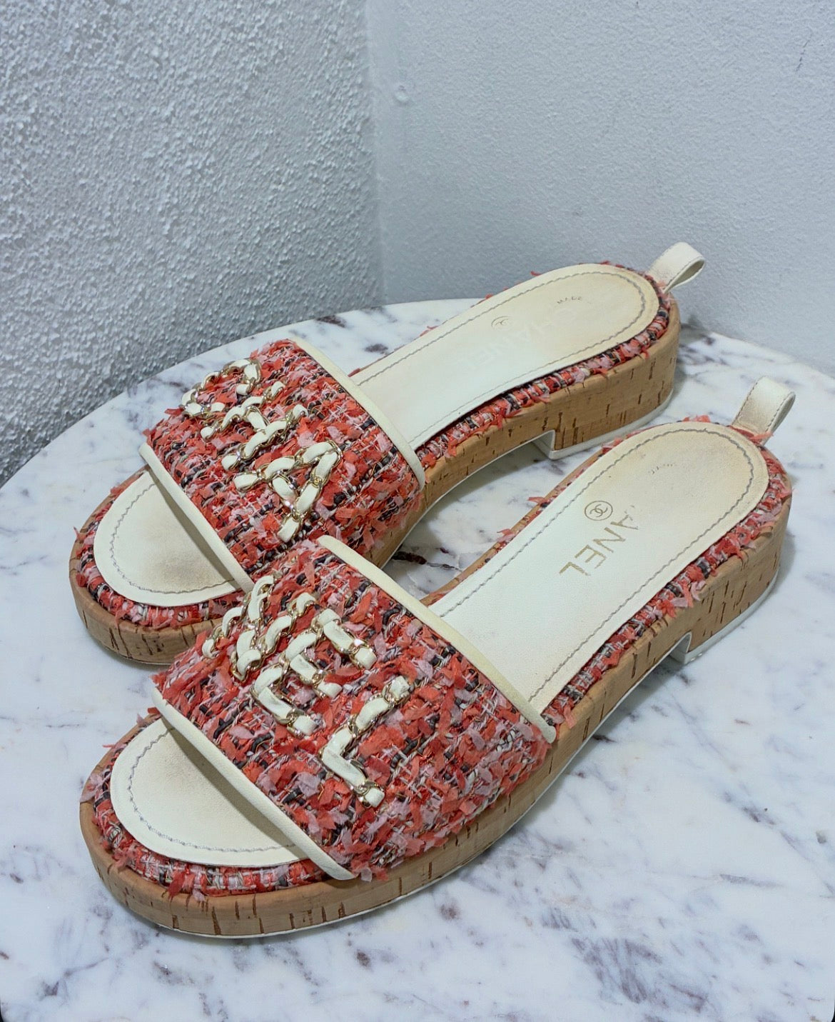 Chanel Tweed Mules – Pink with Chain Logo text – EU 40