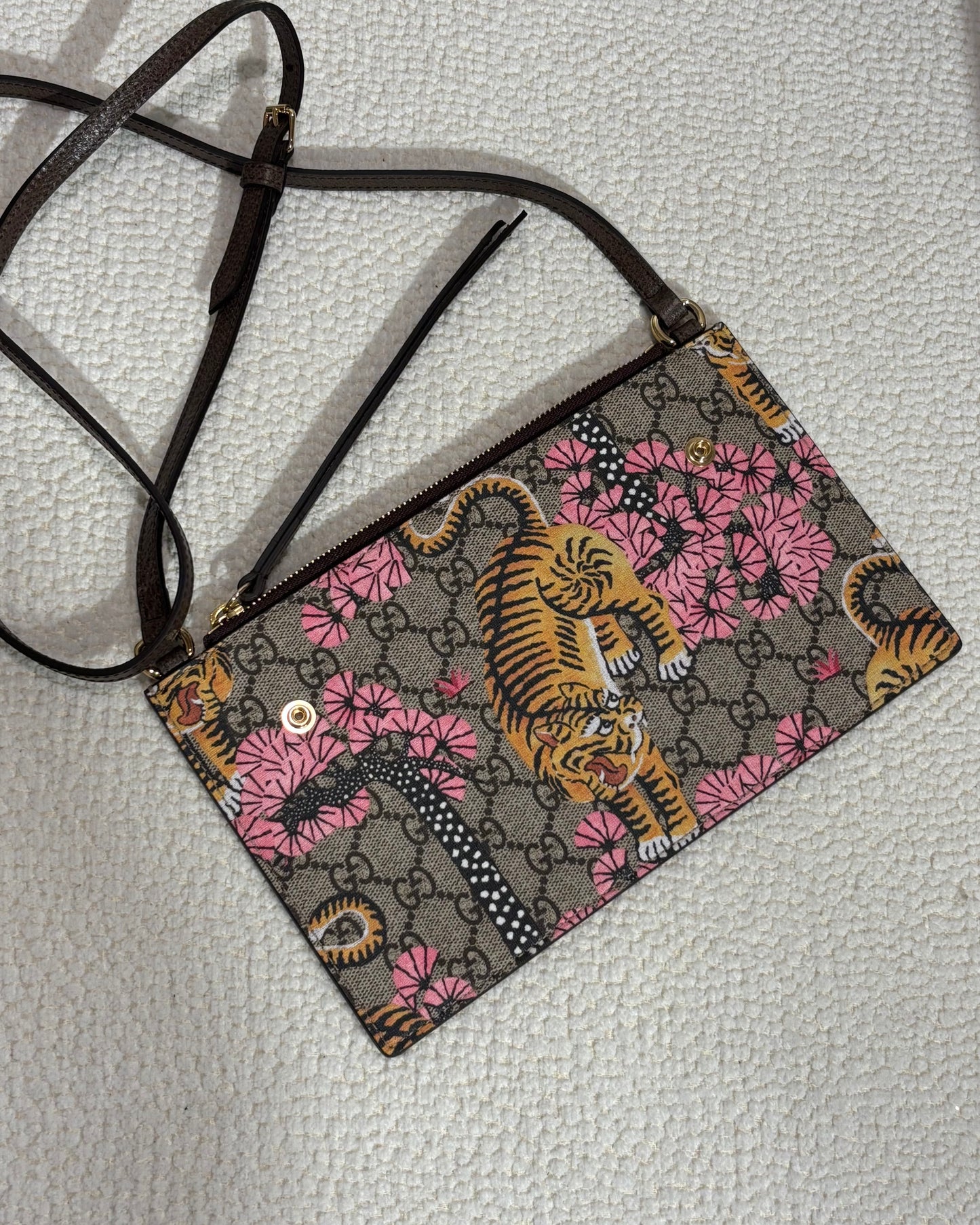 Gucci GG Supreme Bengal Blooms Dual Pouch Shoulder Bag - Beige Monogram Canvas & Blooms/Bengal Tiger