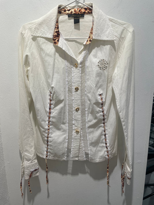 Roberto Cavalli shirt – Exclusive white vintage lace-up shirt with rhinestone logo - M