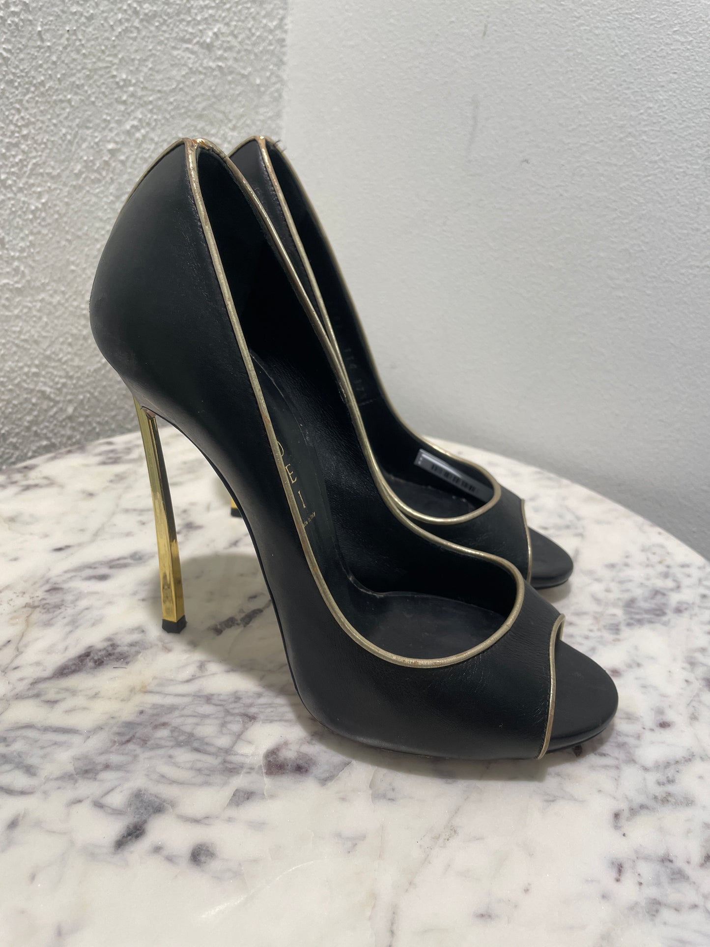 Casadei Black Leather 'Blade' Peep-Toe Pumps with Gold Trim & Heel - 37,5