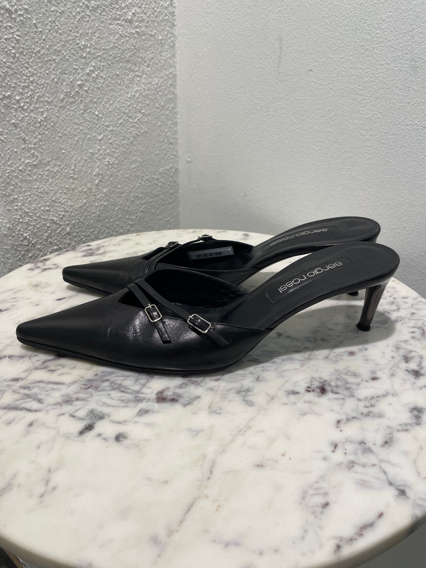 Vintage Sergio Rossi Black Leather Pointed-Toe Mules / Kitten Heels - 39