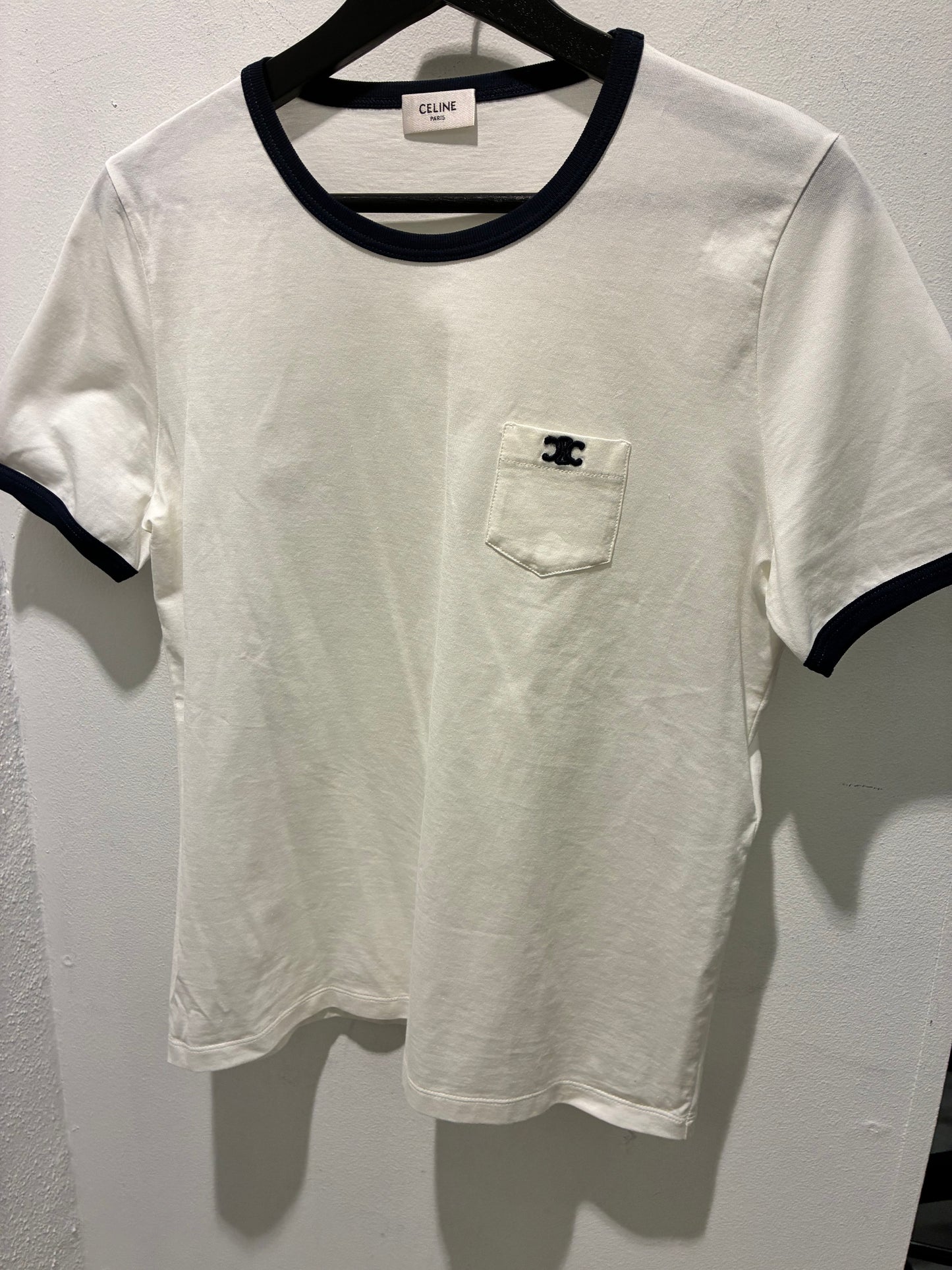 Celine Logo Tee - White & Navy - Size S/M