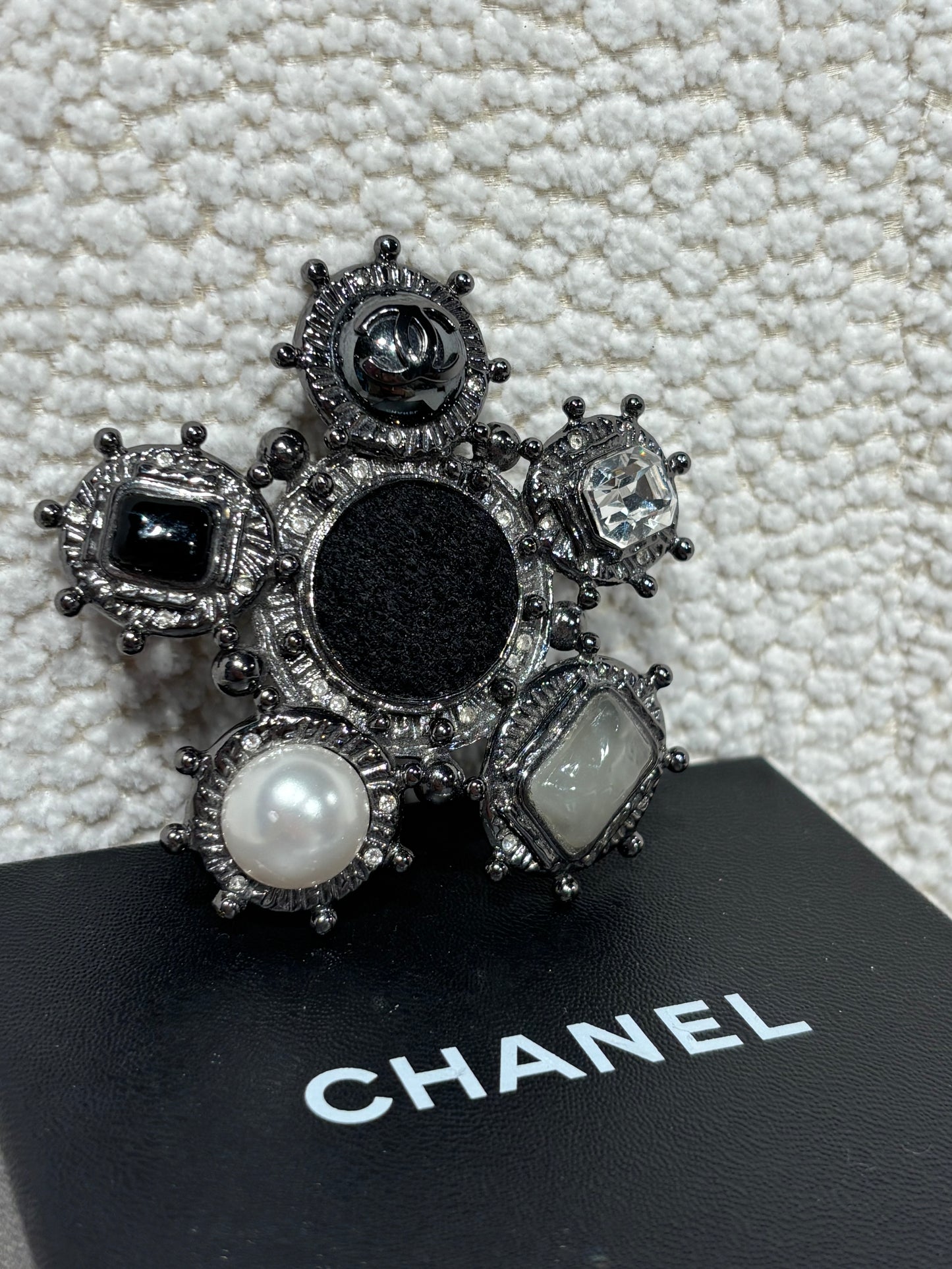 Chanel Brooch – Silver Metal with Stones, Pearl & Bouclé Detail