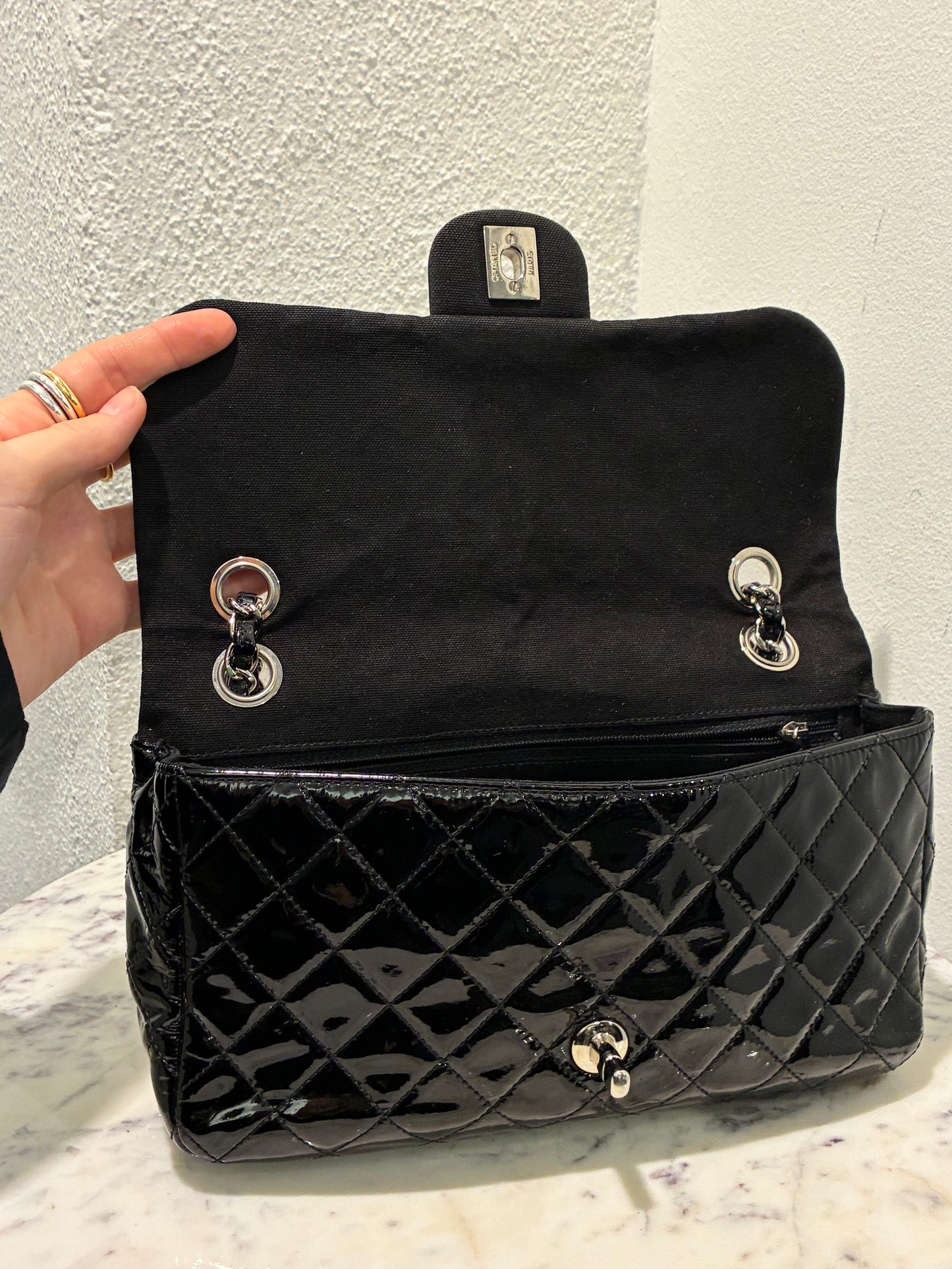 Chanel Medium Single Flap – Black Patent Leather & Silver Hardware