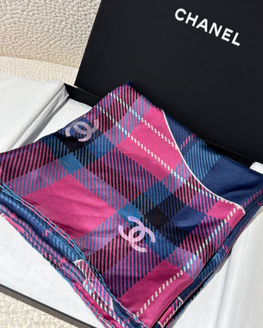 Chanel Scarf - Silk - Blue, Purple & Pink Plaid with Logos