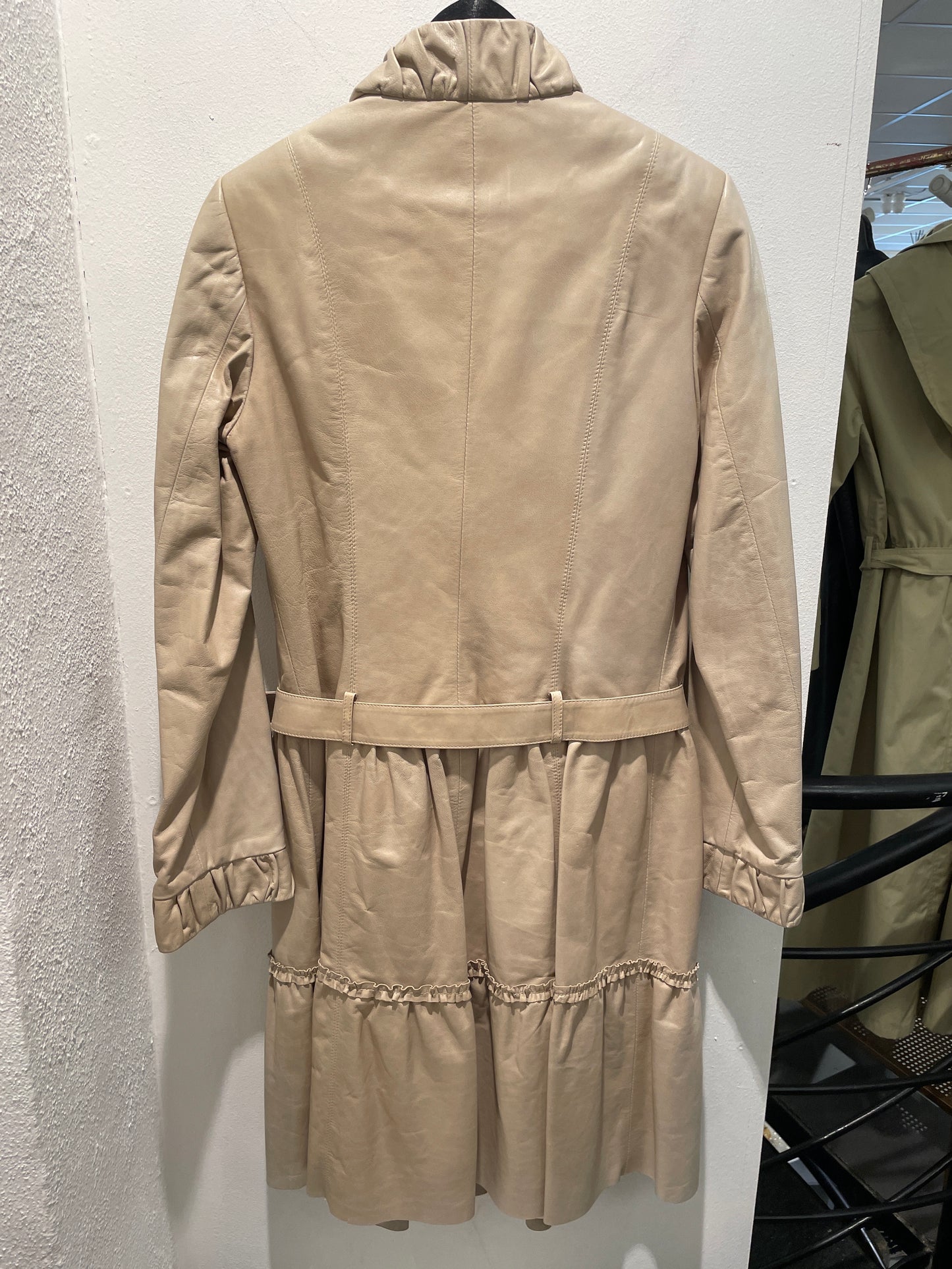 Brand New Beige Soft Leather Ruffled Trench Coat - M