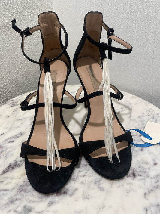 Pura López – Statement Black Suede Sandals with White Feather Detail - 37
