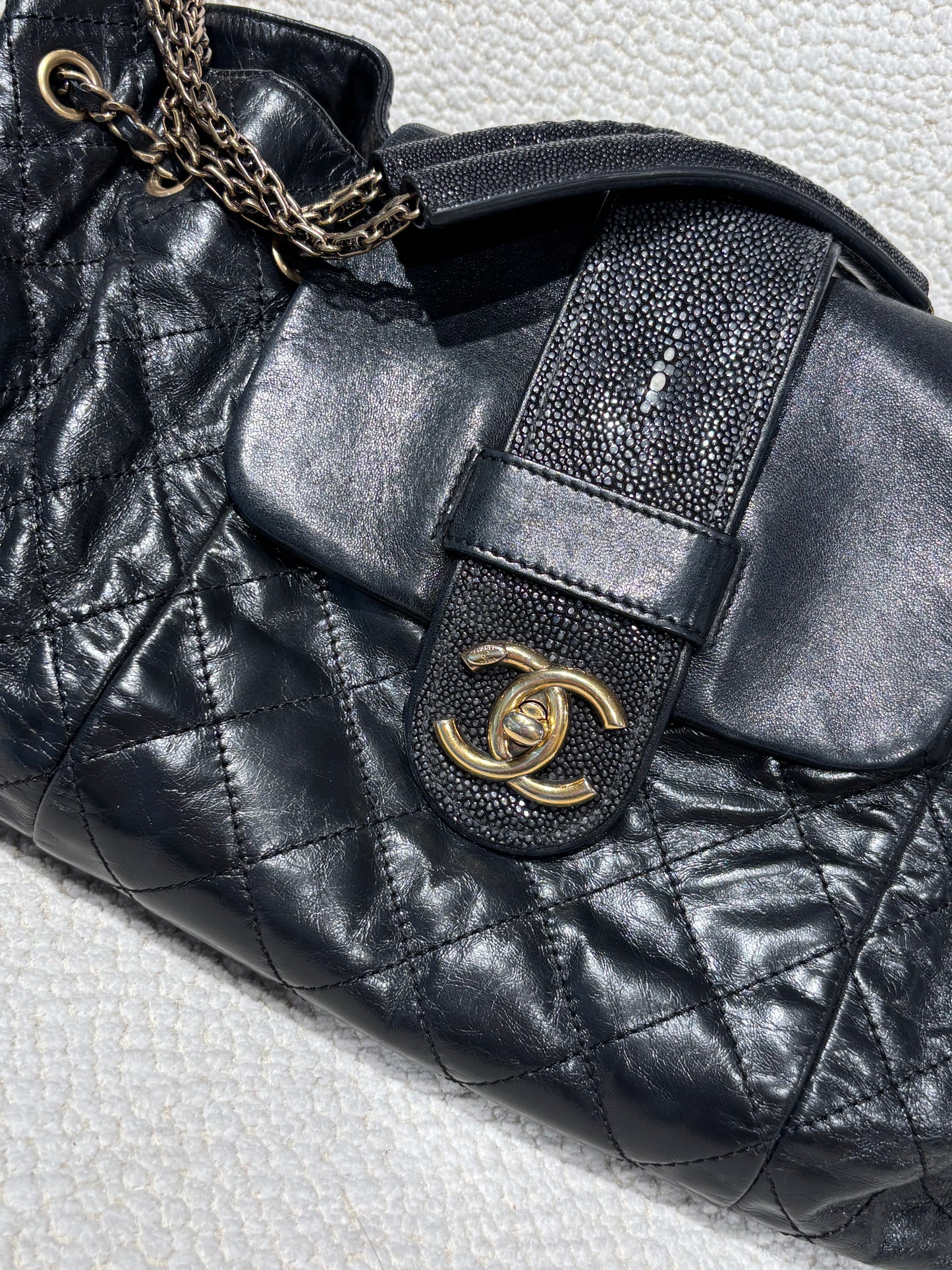 Chanel Stingray Bindi CC Accordion Tote – Black Calfskin & Gold Hardware